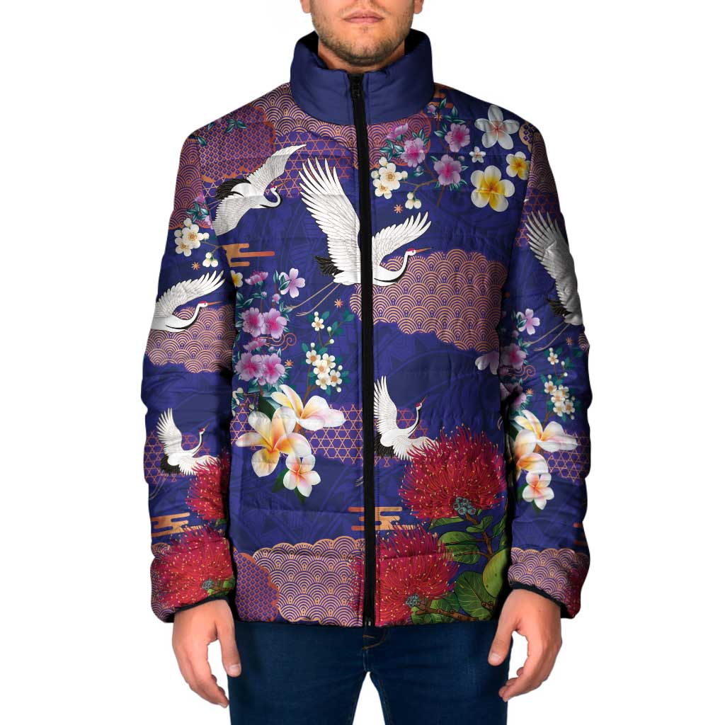 Hawaiian and Japanese Culture Together Padded Jacket Blue Ohia Lehua Plumeria and Sakura Blooming - Polynesian Pride