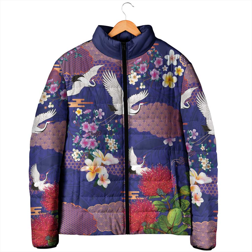 Hawaiian and Japanese Culture Together Padded Jacket Blue Ohia Lehua Plumeria and Sakura Blooming - Polynesian Pride
