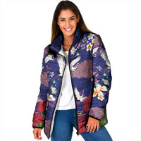 Hawaiian and Japanese Culture Together Padded Jacket Blue Ohia Lehua Plumeria and Sakura Blooming - Polynesian Pride