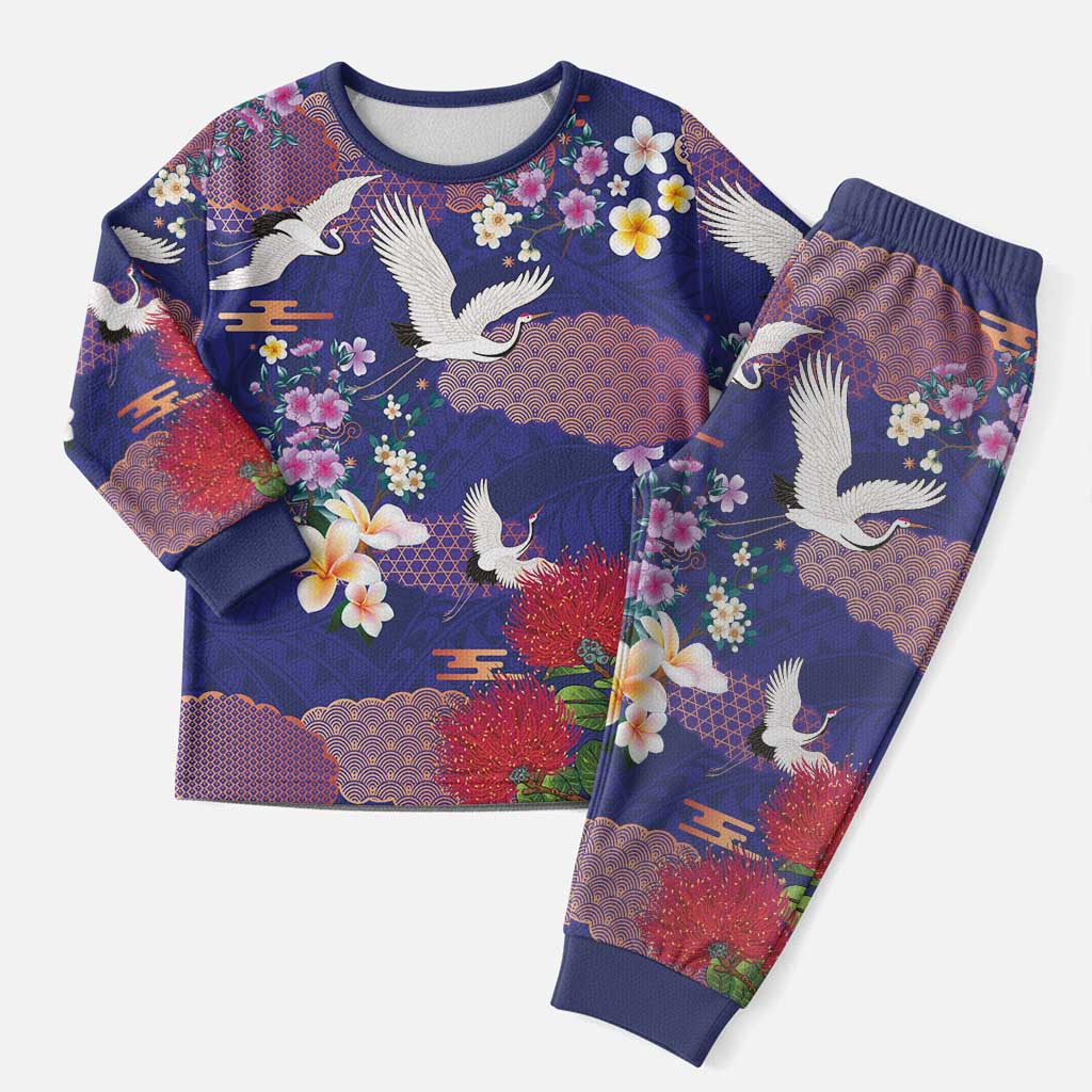 Hawaiian and Japanese Culture Together Christmas Pajama Set Blue Ohia Lehua Plumeria and Sakura Blooming - Polynesian Pride