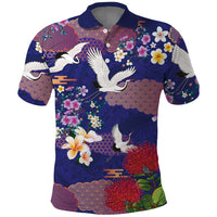 Hawaiian and Japanese Culture Together Polo Shirt Blue Ohia Lehua Plumeria and Sakura Blooming - Polynesian Pride