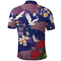 Hawaiian and Japanese Culture Together Polo Shirt Blue Ohia Lehua Plumeria and Sakura Blooming - Polynesian Pride