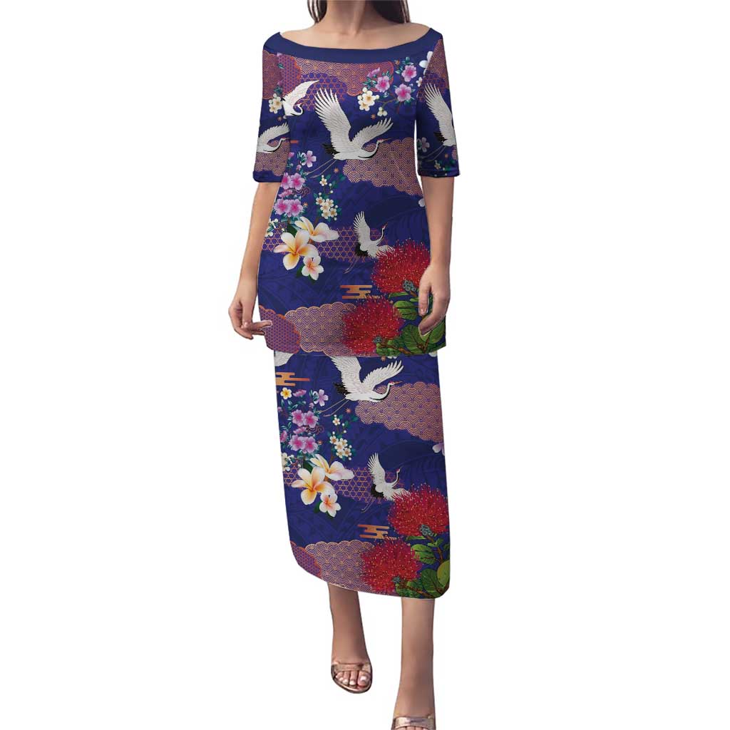 Hawaiian and Japanese Culture Together Puletasi Blue Ohia Lehua Plumeria and Sakura Blooming - Polynesian Pride