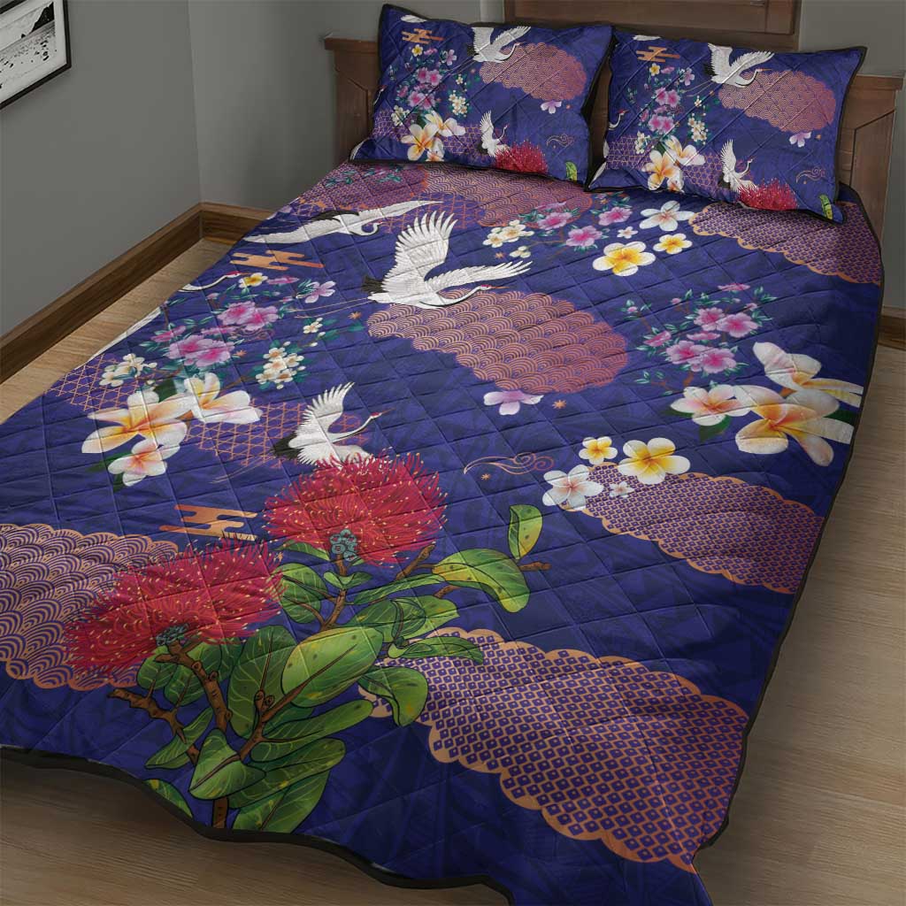 Hawaiian and Japanese Culture Together Quilt Bed Set Blue Ohia Lehua Plumeria and Sakura Blooming - Polynesian Pride