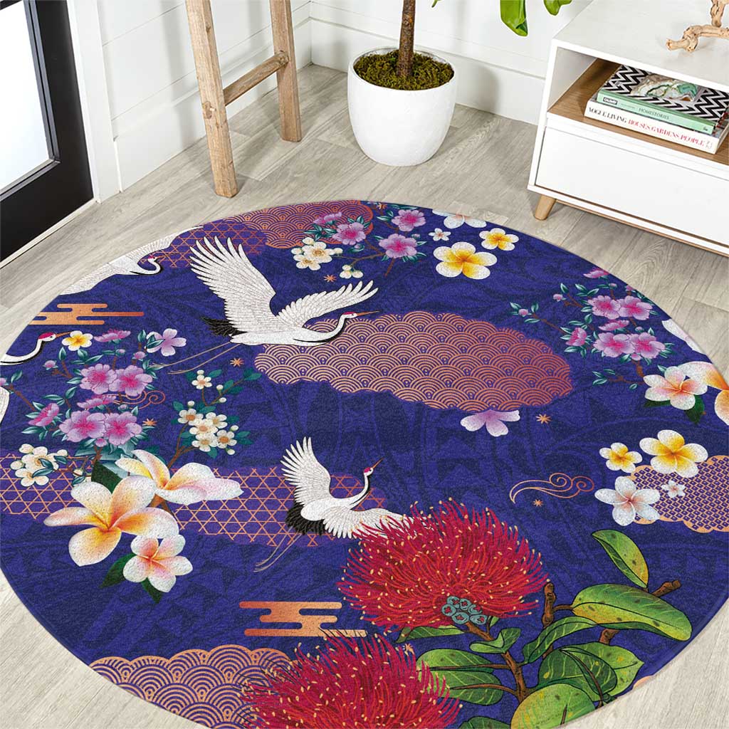Hawaiian and Japanese Culture Together Round Carpet Blue Ohia Lehua Plumeria and Sakura Blooming - Polynesian Pride