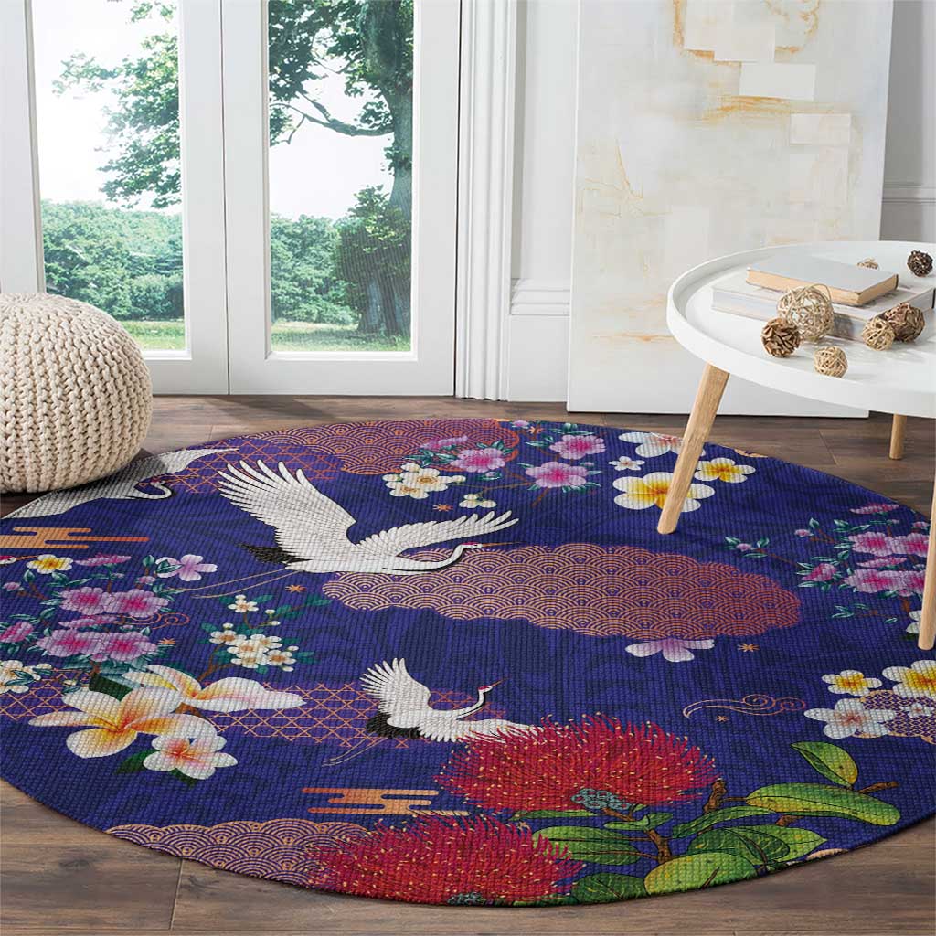 Hawaiian and Japanese Culture Together Round Carpet Blue Ohia Lehua Plumeria and Sakura Blooming - Polynesian Pride