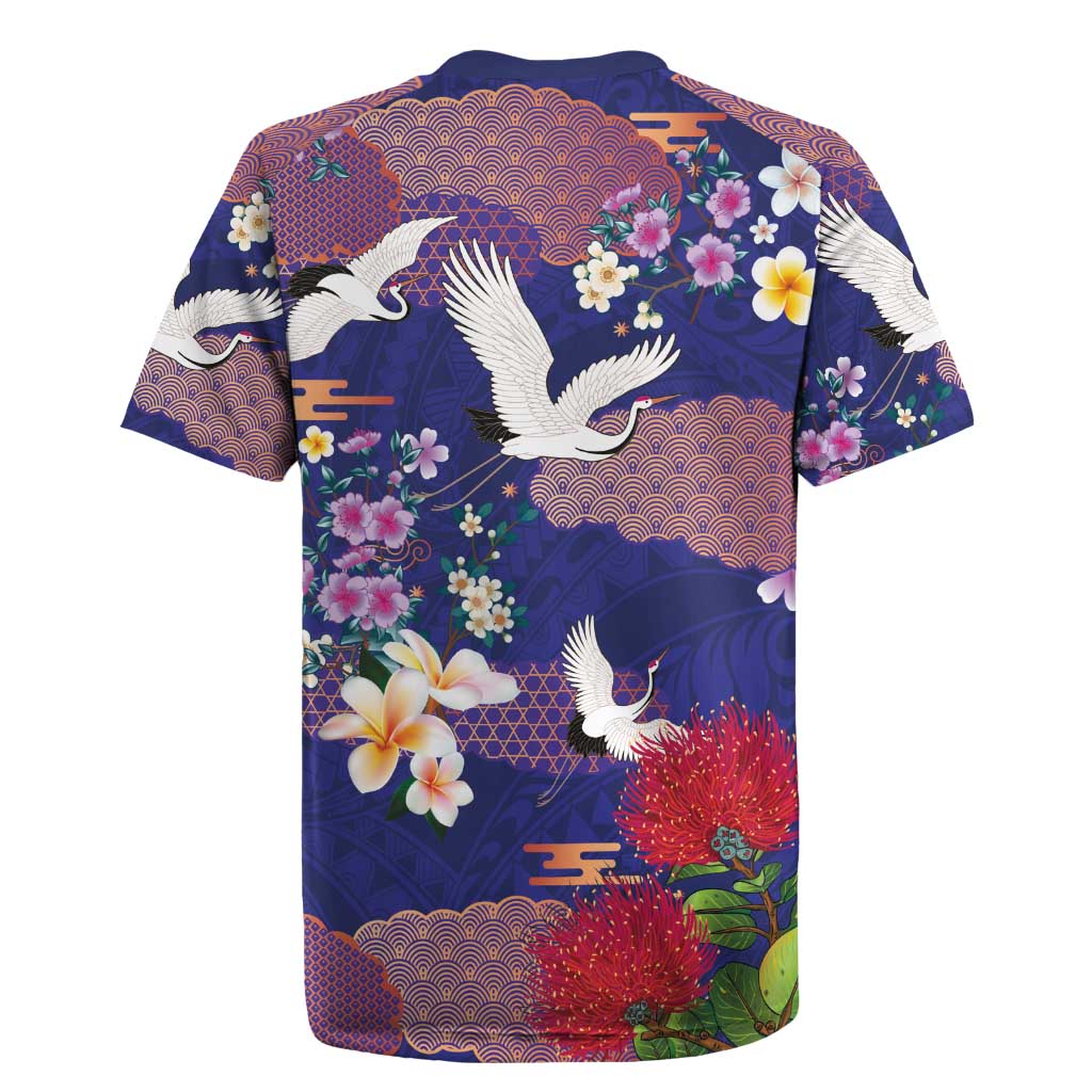 Hawaiian and Japanese Culture Together Rugby Jersey Blue Ohia Lehua Plumeria and Sakura Blooming - Polynesian Pride