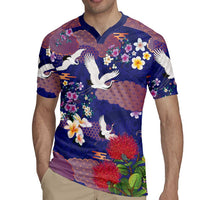 Hawaiian and Japanese Culture Together Rugby Jersey Blue Ohia Lehua Plumeria and Sakura Blooming - Polynesian Pride
