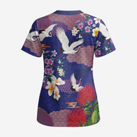 Hawaiian and Japanese Culture Together Scrub Top Blue Ohia Lehua Plumeria and Sakura Blooming - Polynesian Pride