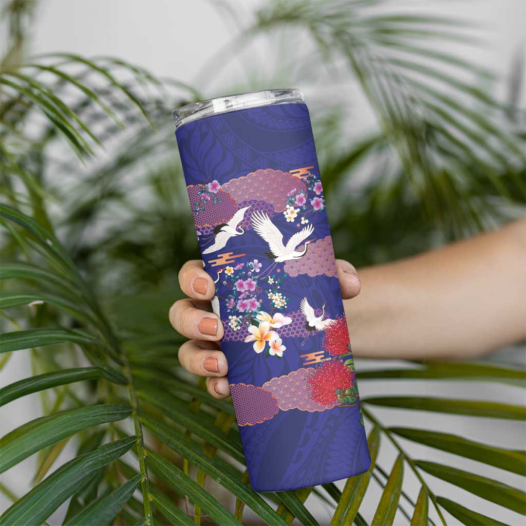 Hawaiian and Japanese Culture Together Skinny Tumbler Blue Ohia Lehua Plumeria and Sakura Blooming - Polynesian Pride