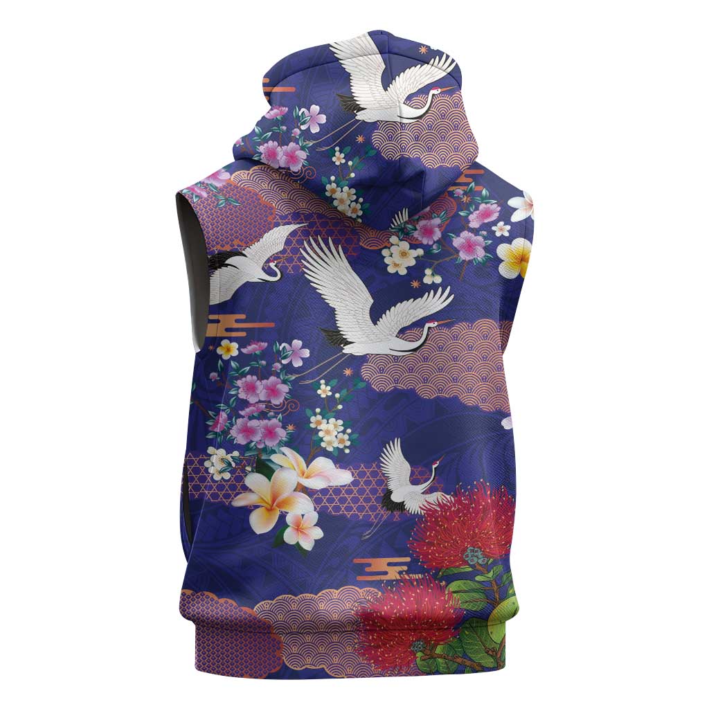 Hawaiian and Japanese Culture Together Sleeveless Hoodie Blue Ohia Lehua Plumeria and Sakura Blooming - Polynesian Pride