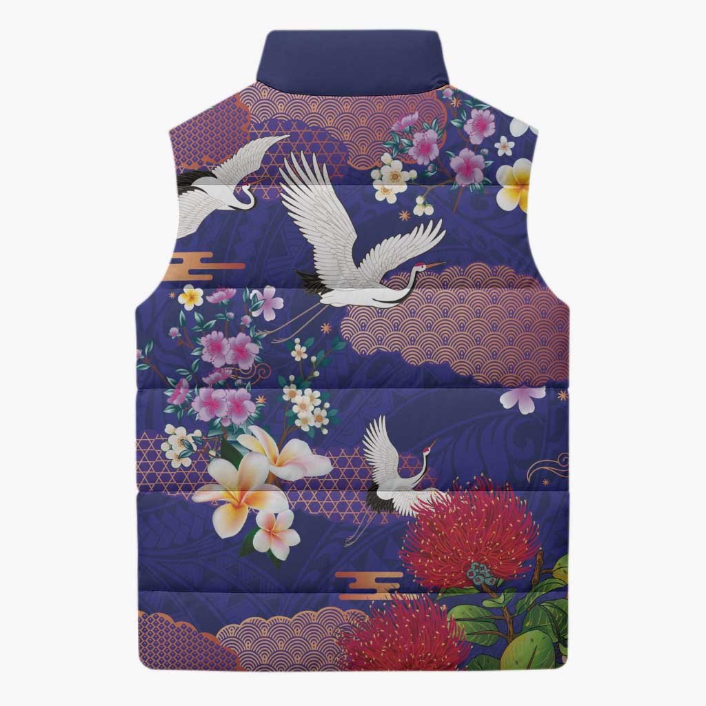 Hawaiian and Japanese Culture Together Sleeveless Puffer Jacket Blue Ohia Lehua Plumeria and Sakura Blooming - Polynesian Pride