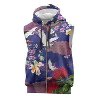 Hawaiian and Japanese Culture Together Sleeveless Zip Hoodie Blue Ohia Lehua Plumeria and Sakura Blooming - Polynesian Pride