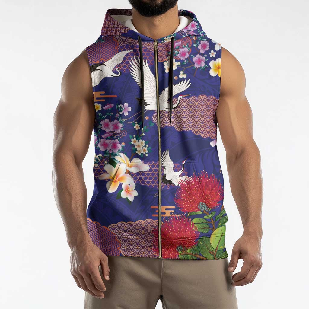 Hawaiian and Japanese Culture Together Sleeveless Zip Hoodie Blue Ohia Lehua Plumeria and Sakura Blooming - Polynesian Pride