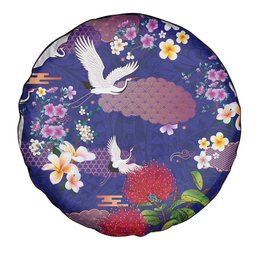 Hawaiian and Japanese Culture Together Spare Tire Cover Blue Ohia Lehua Plumeria and Sakura Blooming - Polynesian Pride