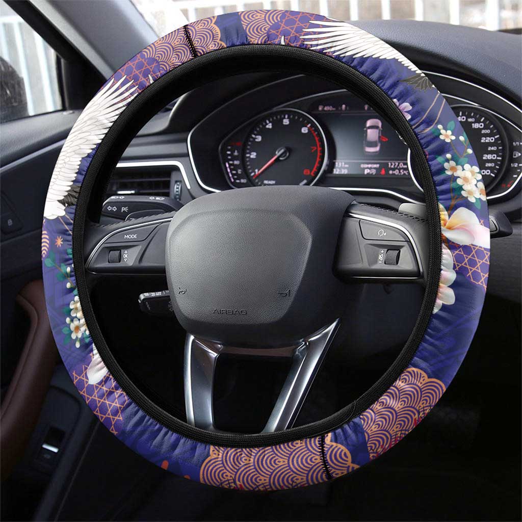 Hawaiian and Japanese Culture Together Steering Wheel Cover Blue Ohia Lehua Plumeria and Sakura Blooming - Polynesian Pride