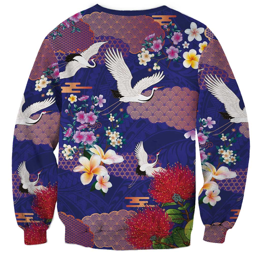 Hawaiian and Japanese Culture Together Sweatshirt Blue Ohia Lehua Plumeria and Sakura Blooming - Polynesian Pride
