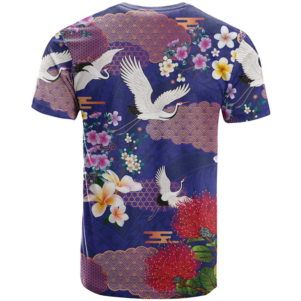 Hawaiian and Japanese Culture Together T Shirt Blue Ohia Lehua Plumeria and Sakura Blooming - Polynesian Pride