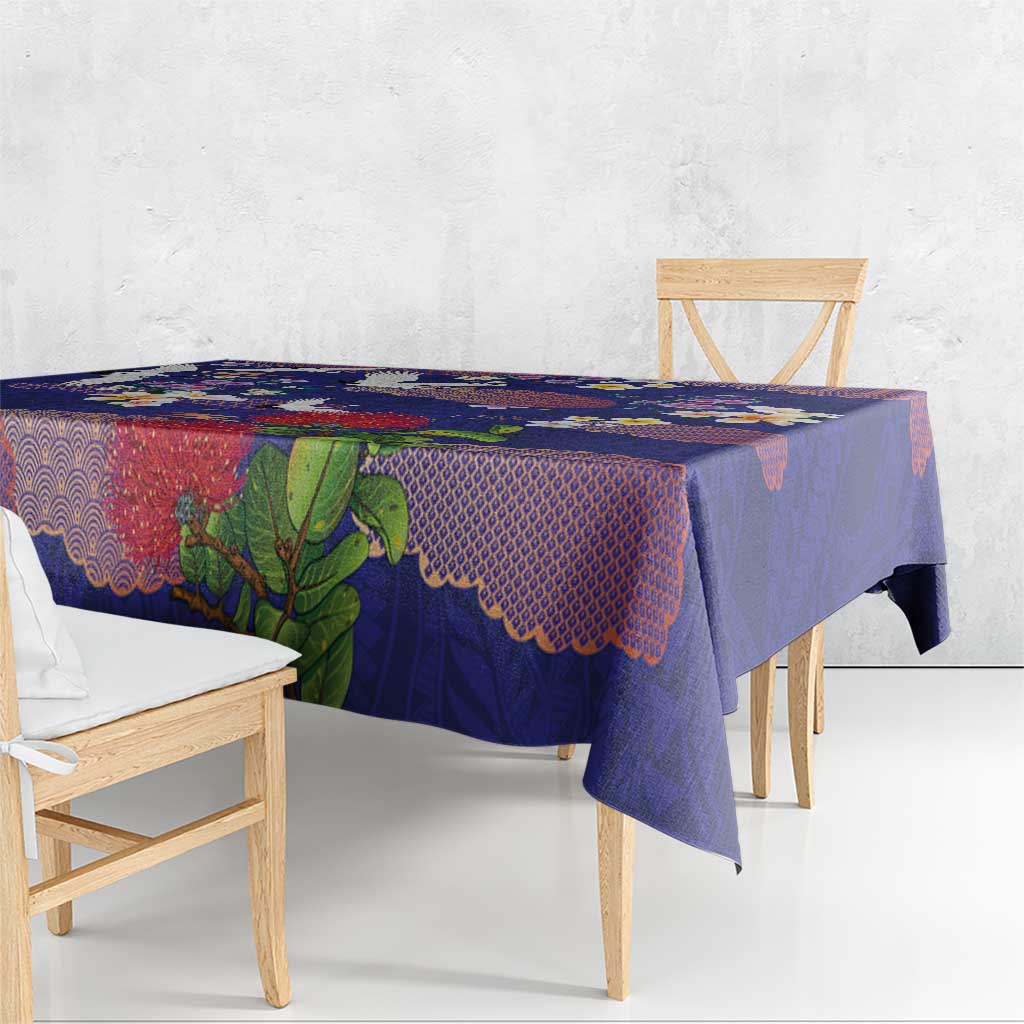 Hawaiian and Japanese Culture Together Tablecloth Blue Ohia Lehua Plumeria and Sakura Blooming - Polynesian Pride