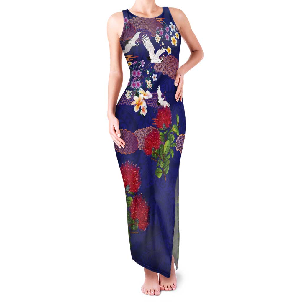 Hawaiian and Japanese Culture Together Tank Maxi Dress Blue Ohia Lehua Plumeria and Sakura Blooming LT03 Women Blue - Polynesian Pride