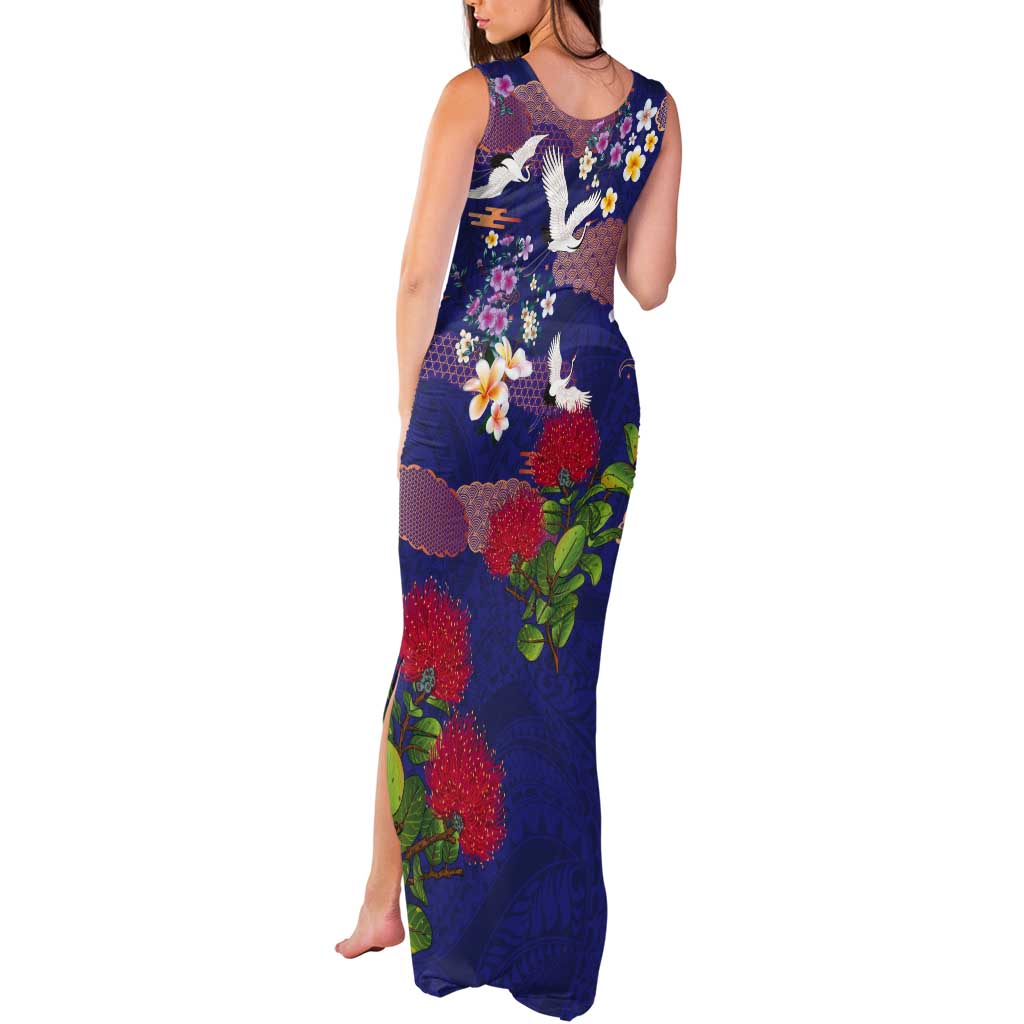 Hawaiian and Japanese Culture Together Tank Maxi Dress Blue Ohia Lehua Plumeria and Sakura Blooming LT03 - Polynesian Pride