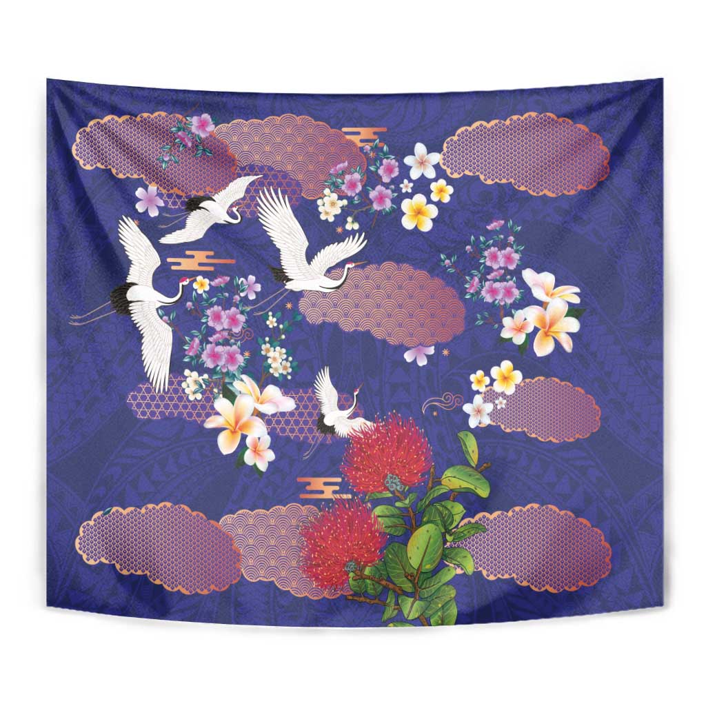 Hawaiian and Japanese Culture Together Tapestry Blue Ohia Lehua Plumeria and Sakura Blooming - Polynesian Pride