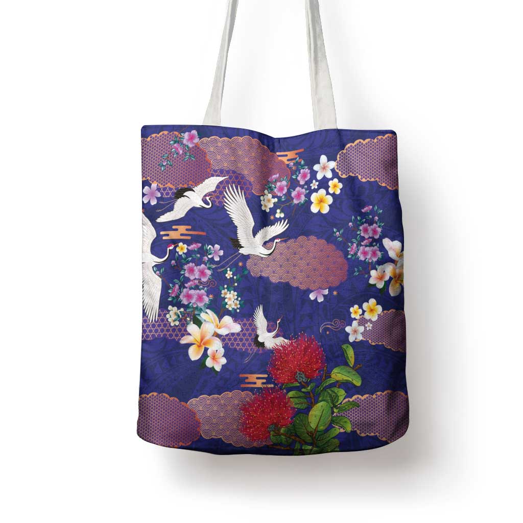 Hawaiian and Japanese Culture Together Tote Bag Blue Ohia Lehua Plumeria and Sakura Blooming - Polynesian Pride
