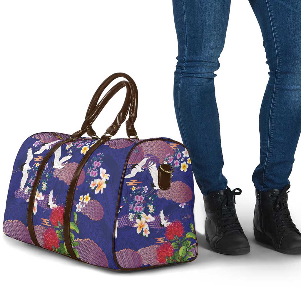 Hawaiian and Japanese Culture Together Travel Bag Blue Ohia Lehua Plumeria and Sakura Blooming - Polynesian Pride