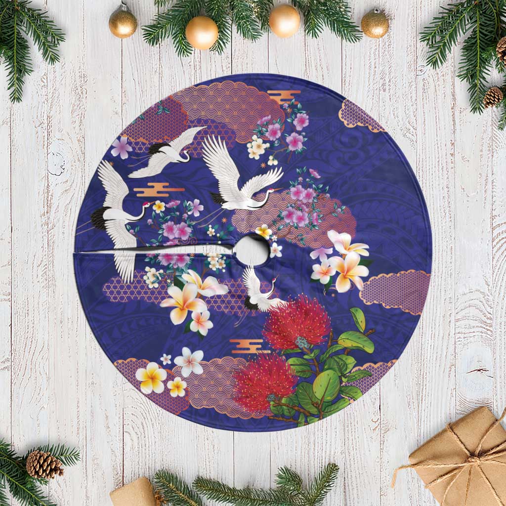 Hawaiian and Japanese Culture Together Tree Skirt Blue Ohia Lehua Plumeria and Sakura Blooming - Polynesian Pride