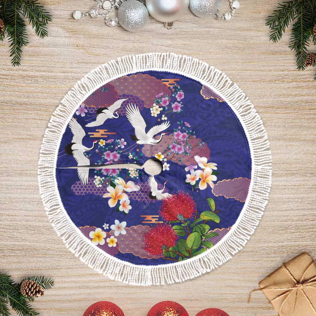 Hawaiian and Japanese Culture Together Tree Skirt Blue Ohia Lehua Plumeria and Sakura Blooming - Polynesian Pride
