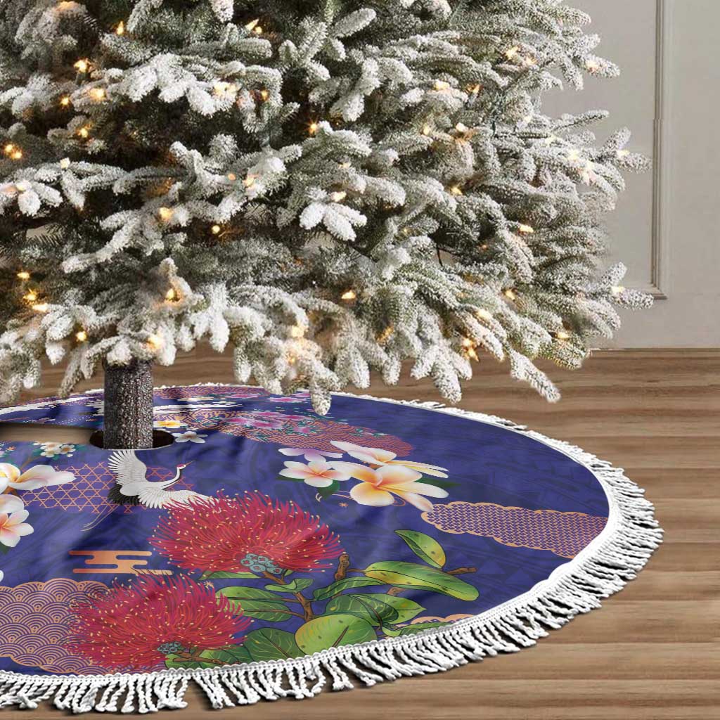 Hawaiian and Japanese Culture Together Tree Skirt Blue Ohia Lehua Plumeria and Sakura Blooming - Polynesian Pride