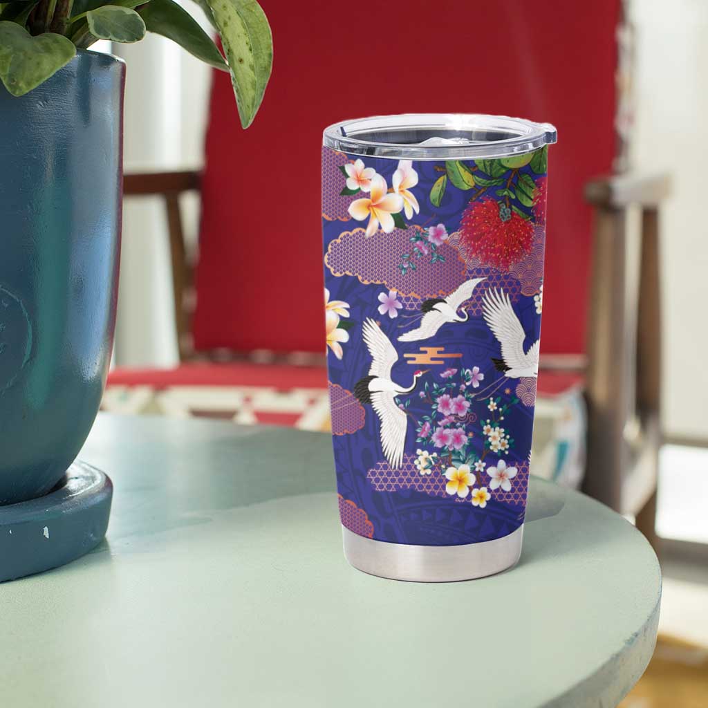 Hawaiian and Japanese Culture Together Tumbler Cup Blue Ohia Lehua Plumeria and Sakura Blooming - Polynesian Pride