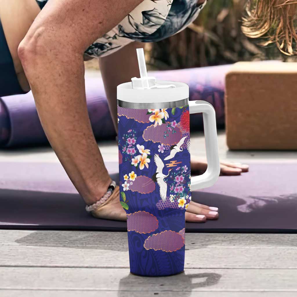 Hawaiian and Japanese Culture Together Tumbler With Handle Blue Ohia Lehua Plumeria and Sakura Blooming - Polynesian Pride