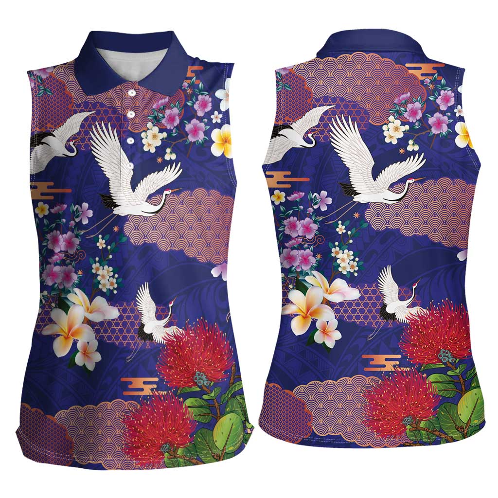 Hawaiian and Japanese Culture Together Women Sleeveless Polo Shirt Blue Ohia Lehua Plumeria and Sakura Blooming - Polynesian Pride