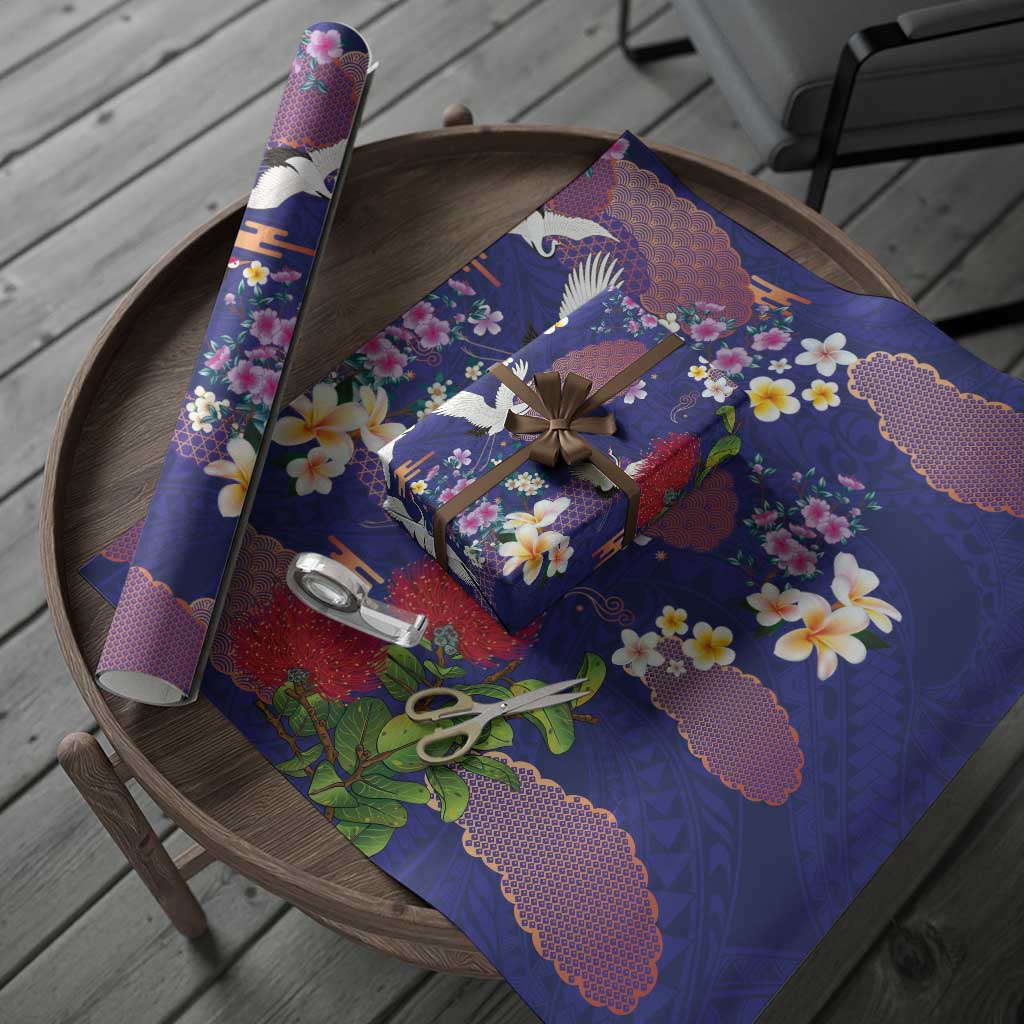 Hawaiian and Japanese Culture Together Wrapping Paper Blue Ohia Lehua Plumeria and Sakura Blooming - Polynesian Pride