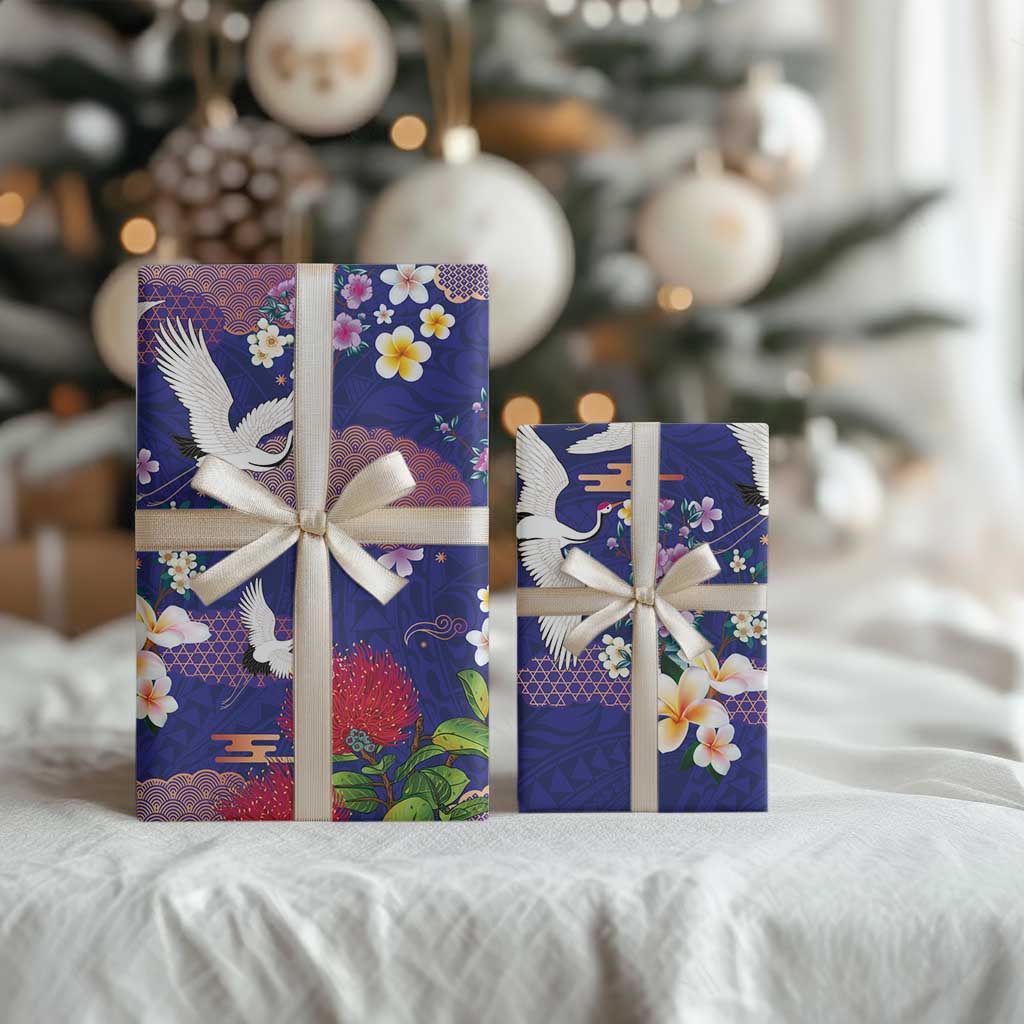 Hawaiian and Japanese Culture Together Wrapping Paper Blue Ohia Lehua Plumeria and Sakura Blooming - Polynesian Pride