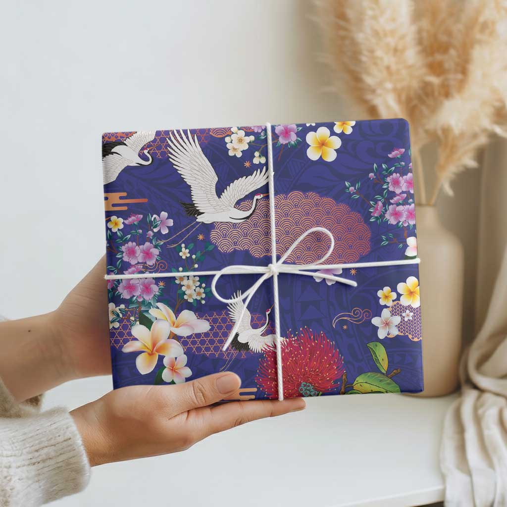 Hawaiian and Japanese Culture Together Wrapping Paper Blue Ohia Lehua Plumeria and Sakura Blooming - Polynesian Pride