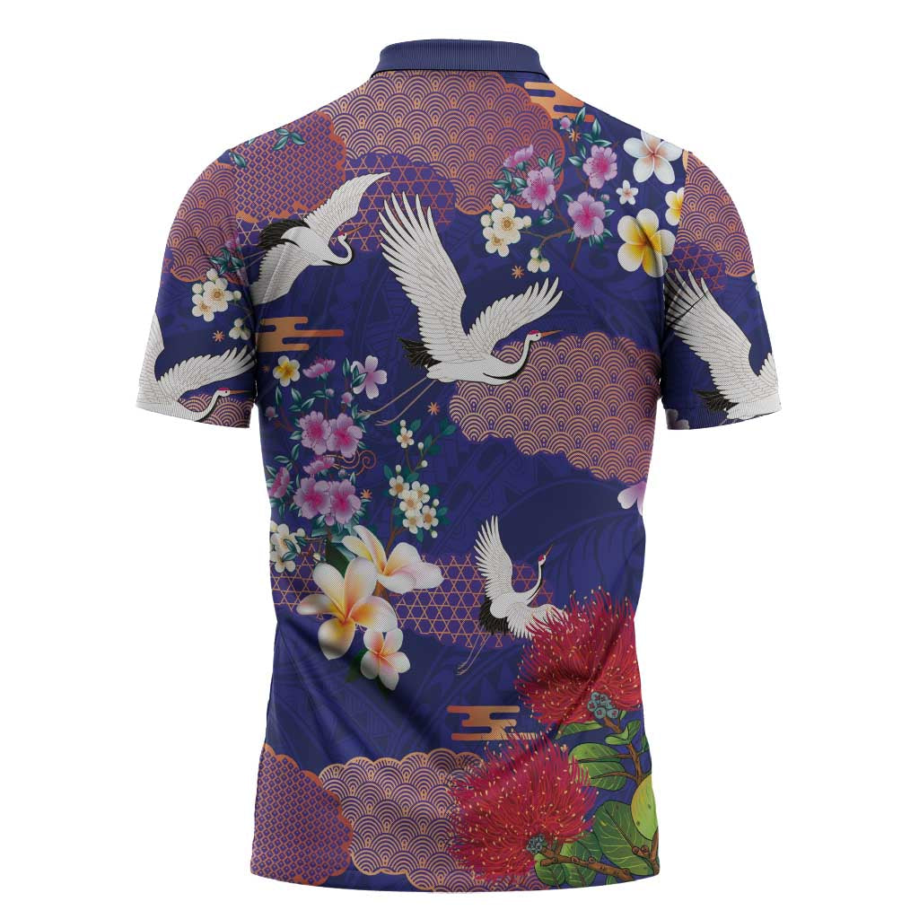 Hawaiian and Japanese Culture Together Zipper Polo Shirt Blue Ohia Lehua Plumeria and Sakura Blooming - Polynesian Pride
