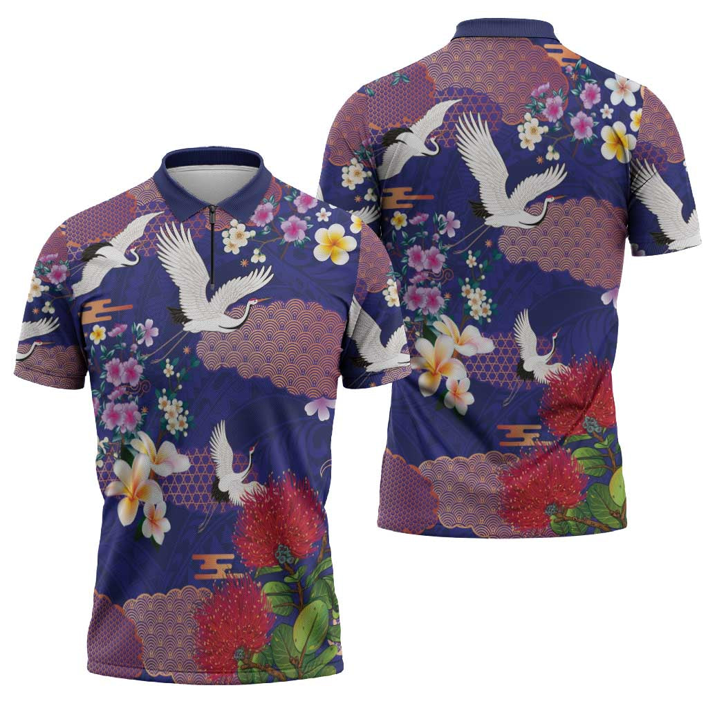 Hawaiian and Japanese Culture Together Zipper Polo Shirt Blue Ohia Lehua Plumeria and Sakura Blooming - Polynesian Pride