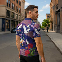 Hawaiian and Japanese Culture Together Zipper Polo Shirt Blue Ohia Lehua Plumeria and Sakura Blooming - Polynesian Pride