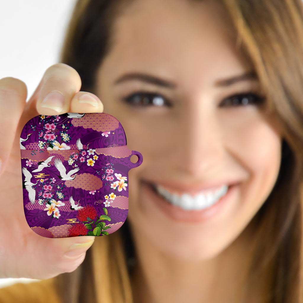 Hawaiian and Japanese Culture Together AirPods Case Purple Ohia Lehua Plumeria and Sakura Blooming - Polynesian Pride