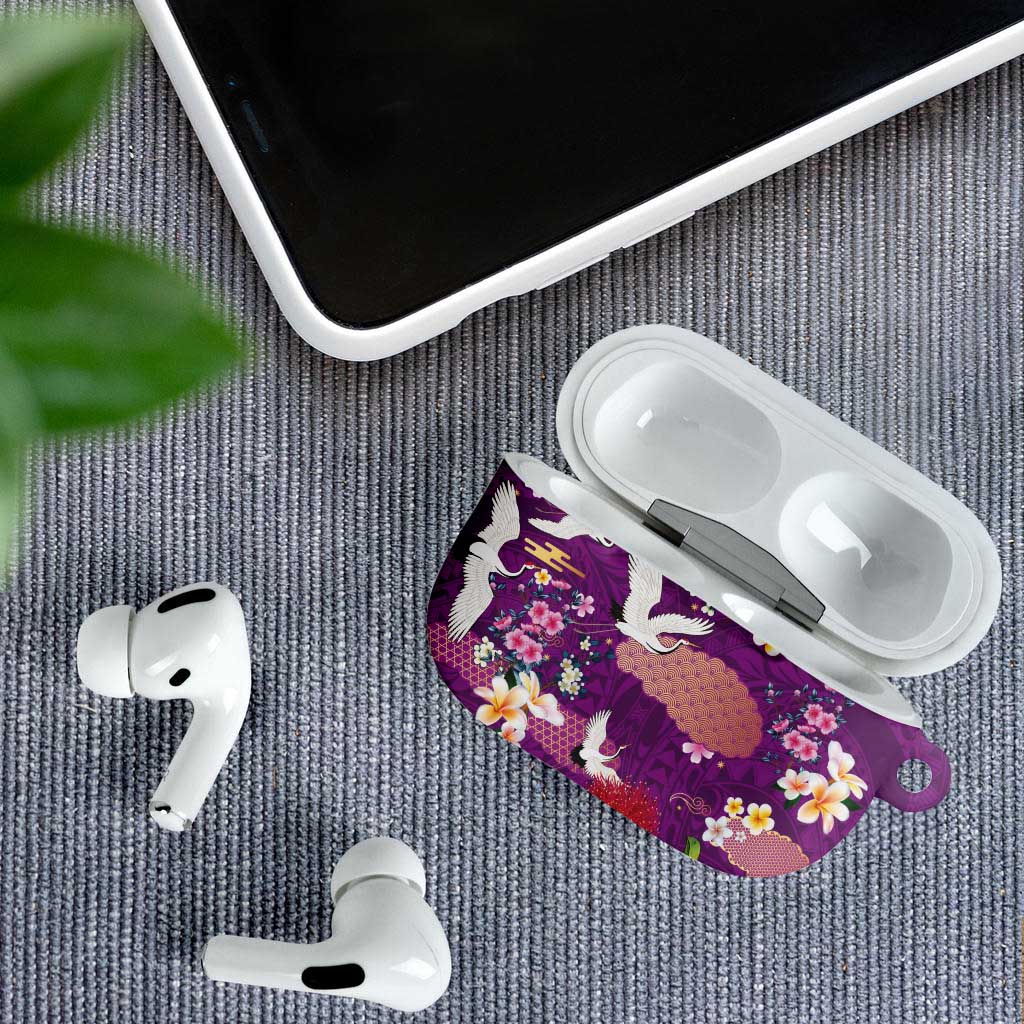 Hawaiian and Japanese Culture Together AirPods Case Purple Ohia Lehua Plumeria and Sakura Blooming - Polynesian Pride