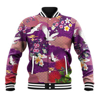 Hawaiian and Japanese Culture Together Baseball Jacket Purple Ohia Lehua Plumeria and Sakura Blooming - Polynesian Pride