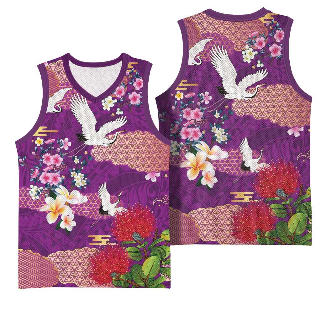 Hawaiian and Japanese Culture Together Basketball Jersey Purple Ohia Lehua Plumeria and Sakura Blooming - Polynesian Pride