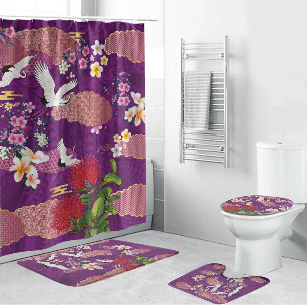 Hawaiian and Japanese Culture Together Bathroom Set Purple Ohia Lehua Plumeria and Sakura Blooming - Polynesian Pride