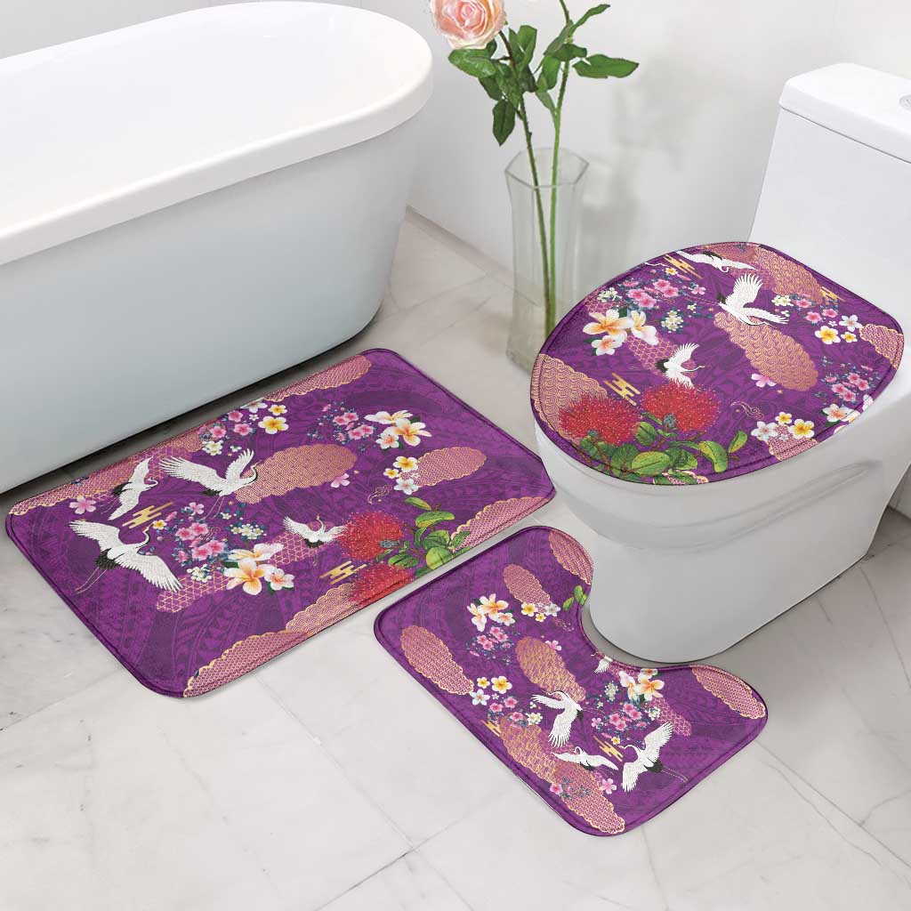 Hawaiian and Japanese Culture Together Bathroom Set Purple Ohia Lehua Plumeria and Sakura Blooming - Polynesian Pride