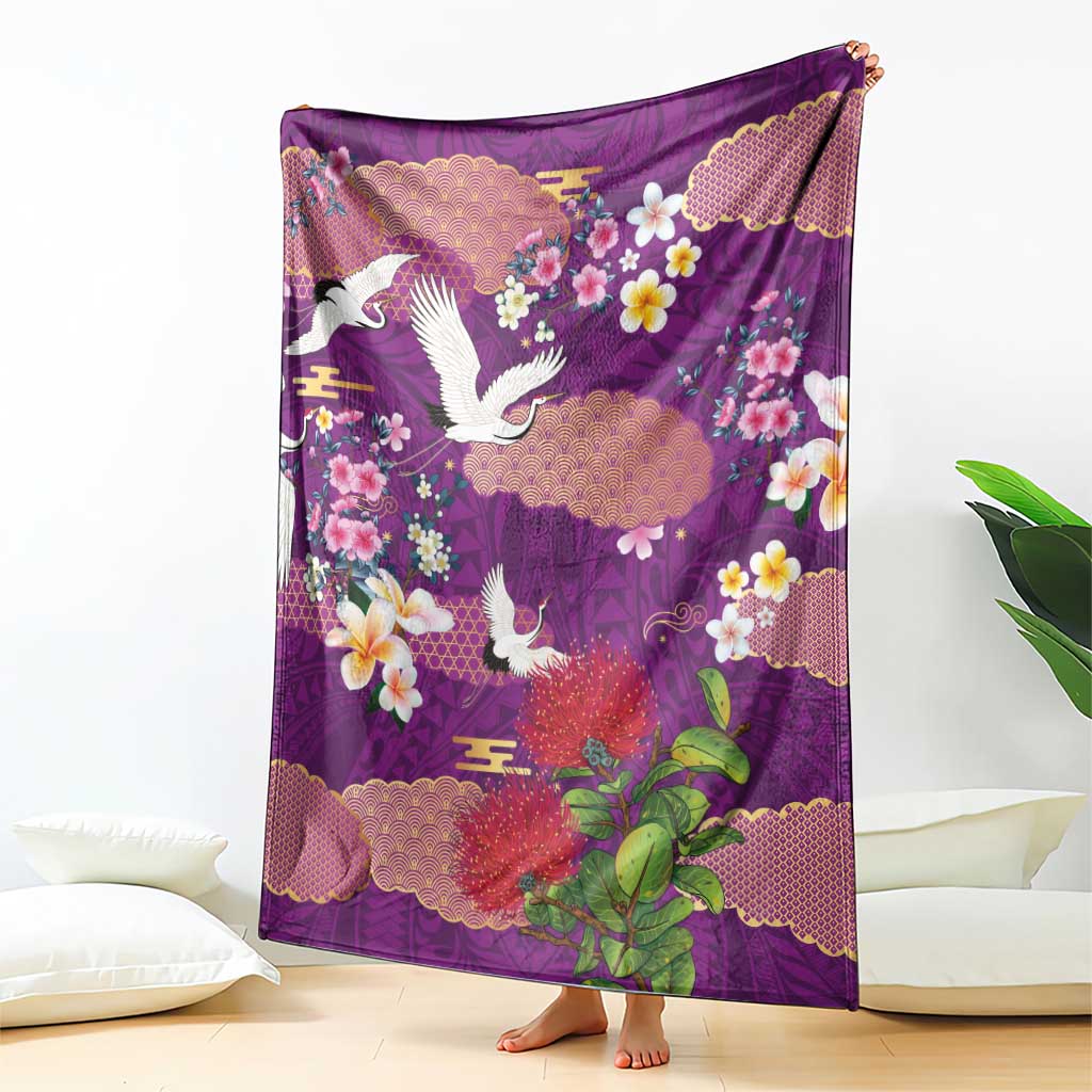 Hawaiian and Japanese Culture Together Blanket Purple Ohia Lehua Plumeria and Sakura Blooming - Polynesian Pride