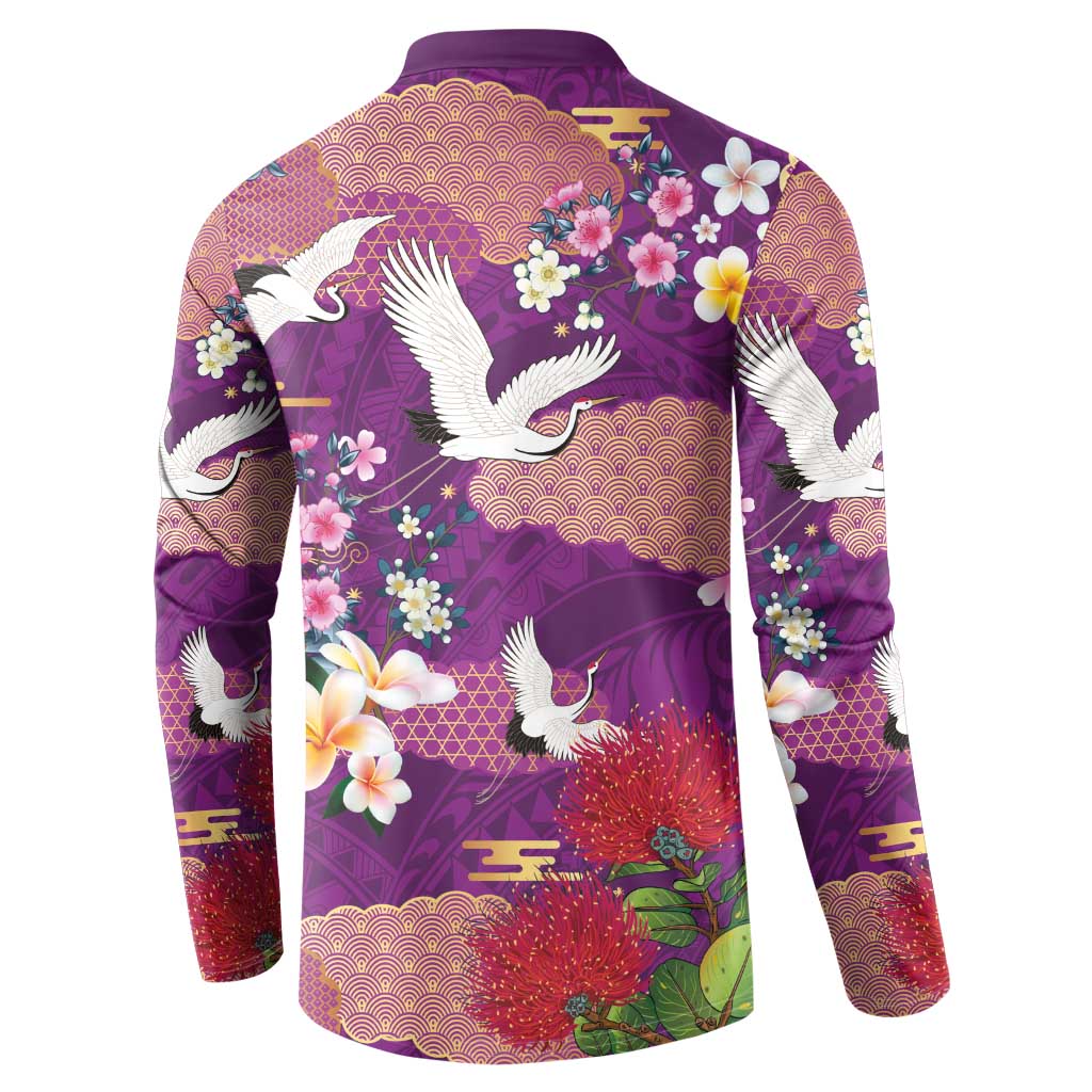 Hawaiian and Japanese Culture Together Button Sweatshirt Purple Ohia Lehua Plumeria and Sakura Blooming - Polynesian Pride
