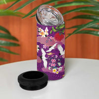 Hawaiian and Japanese Culture Together 4 in 1 Can Cooler Tumbler Purple Ohia Lehua Plumeria and Sakura Blooming - Polynesian Pride
