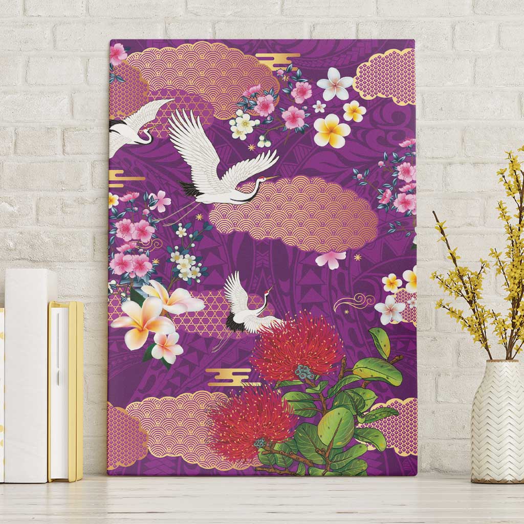 Hawaiian and Japanese Culture Together Canvas Wall Art Purple Ohia Lehua Plumeria and Sakura Blooming - Polynesian Pride